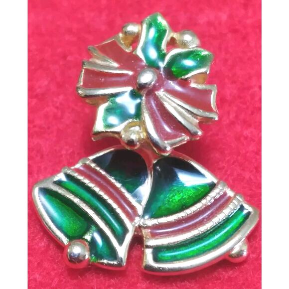 A I N Earrings Pierced Christmas Bow Bell Jacket Holly Red Green Goldtone Signed - Picture 4 of 8